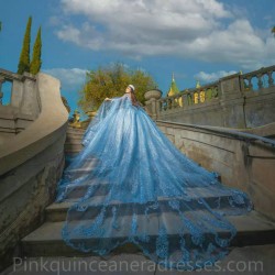 Cape Sleeve Sky Blue Quinceanera Dress 2024 Ball Gown Princess Dresses Sweetheart Neck Sweet 15 Gowns Lace Appliques Wear Pageant