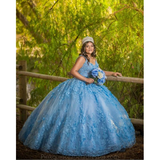 Cape Sleeve Sky Blue Quinceanera Dress Wear Pageant 3D Flowers 2024 Ball Gown Princess Dresses Sweetheart Sweet 15 Gowns