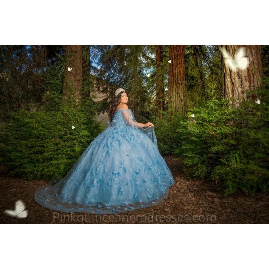 Cape Sleeve Sky Blue Quinceanera Dress Wear Pageant 3D Flowers 2024 Ball Gown Princess Dresses Sweetheart Sweet 15 Gowns