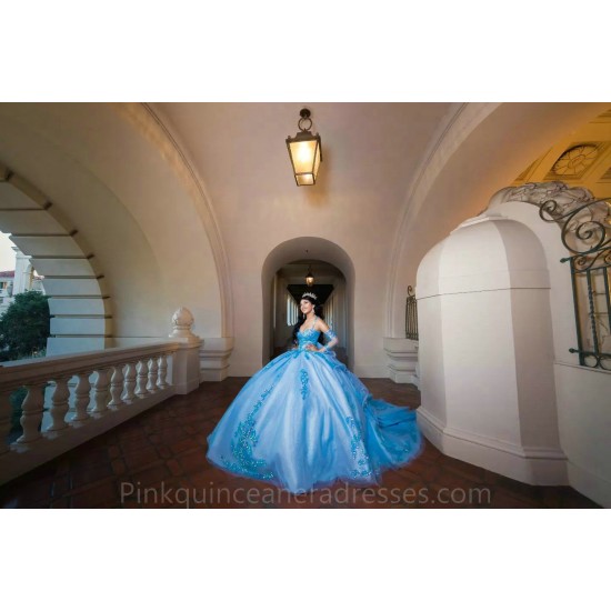 Detachable Sky Blue Quinceanera Dress 2024 Ball Gown Princess Dresses Off Shoulder Wear Pageant Sweetheart Neck Sweet 15 Gowns