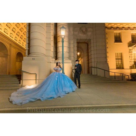 Off Shoulder Sky Blue Quinceanera Dress Wear Pageant 3D Flowers 2024 Ball Gown Princess Dresses Sweetheart Sweet 15 Gowns