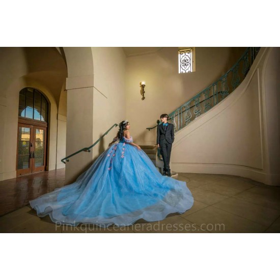 Off Shoulder Sky Blue Quinceanera Dress Wear Pageant 3D Flowers 2024 Ball Gown Princess Dresses Sweetheart Sweet 15 Gowns