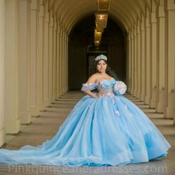 Off Shoulder Sky Blue Quinceanera Dress Wear Pageant 3D Flowers 2024 Ball Gown Princess Dresses Sweetheart Sweet 15 Gowns