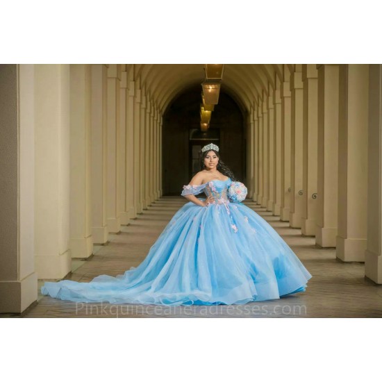 Off Shoulder Sky Blue Quinceanera Dress Wear Pageant 3D Flowers 2024 Ball Gown Princess Dresses Sweetheart Sweet 15 Gowns