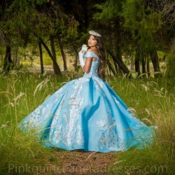 Off Shoulder Sky Blue Quinceanera Dress Wear Pageant V Neck Sweet 15 Gowns Lace Appliques 2024 Ball Gown Princess Dresses