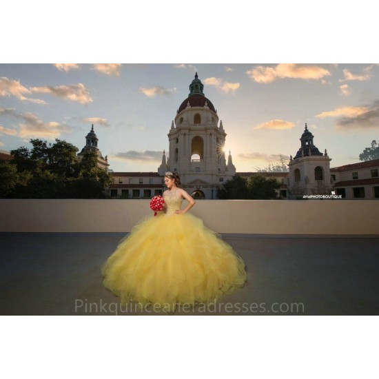 Sleeveless Yellow Quince Dress Ruffled Birthday Party Dresses Vestidos De 15 Anos Sweetheart Neck 2024 Instagram Gowns