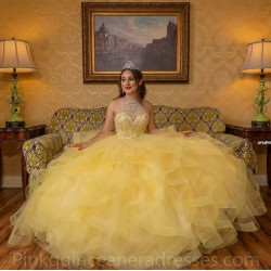 Sleeveless Yellow Quince Dress Ruffled Birthday Party Dresses Vestidos De 15 Anos Sweetheart Neck 2024 Instagram Gowns