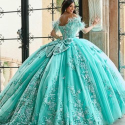 Wear Pageant Aqua Quince Dress Off Shoulder Instagram Gowns Lace Appliques Sweetheart Neck Vestidos De 15 Anos