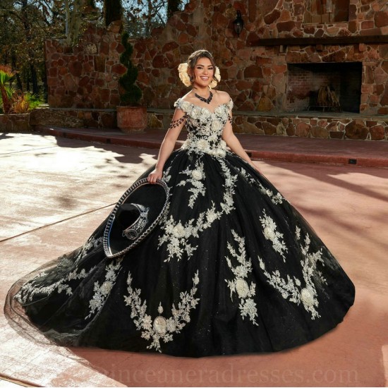 Off Shoulder Gold On Black Quince Dress Instagram Gowns Lace Appliques Wear Pageant Sweetheart Neck Vestidos De 15 Anos