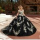 Off Shoulder Gold On Black Quince Dress Instagram Gowns Lace Appliques Wear Pageant Sweetheart Neck Vestidos De 15 Anos