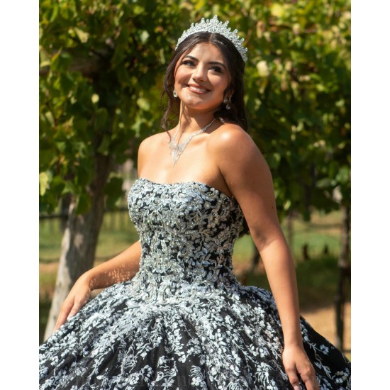 Silver On Black Quince Dress Sleeveless Instagram Gowns Lace Appliques Wear Pageant Vestidos De 15 Anos