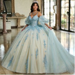 Detachable Blue On Champagne Quinceanera Dress Sweet 15 Gowns Lace Appliques Wear Pageant Sweetheart Neck 2024 Ball Gown Princess Dresses