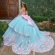 Long Sleeve Blue On Pink Quince Dress Instagram Gowns 3D Flowers Wear Pageant Sweetheart Neck Vestidos De 15 Anos With Bow