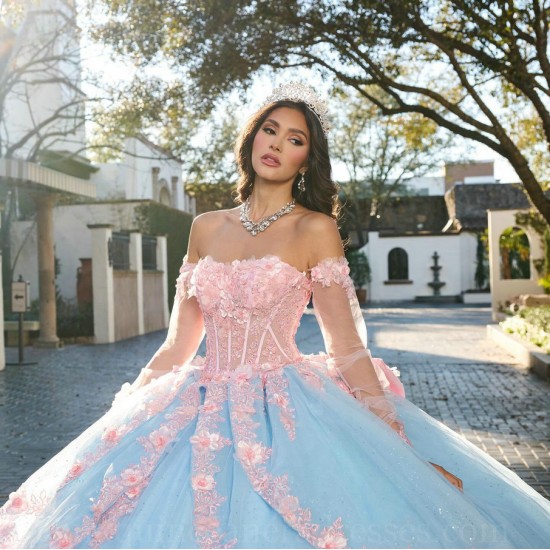 Long Sleeve Blue On Pink Quince Dress Instagram Gowns 3D Flowers Wear Pageant Sweetheart Neck Vestidos De 15 Anos With Bow