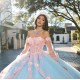 Long Sleeve Blue On Pink Quince Dress Instagram Gowns 3D Flowers Wear Pageant Sweetheart Neck Vestidos De 15 Anos With Bow