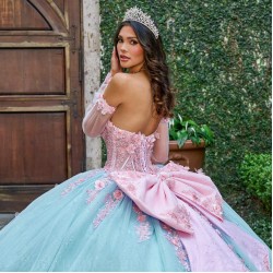 Long Sleeve Blue On Pink Quince Dress Instagram Gowns 3D Flowers Wear Pageant Sweetheart Neck Vestidos De 15 Anos With Bow