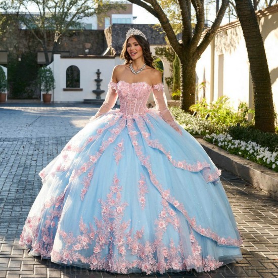 Long Sleeve Blue On Pink Quince Dress Instagram Gowns 3D Flowers Wear Pageant Sweetheart Neck Vestidos De 15 Anos With Bow