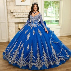 Lace Appliques Blue Quinceanera Dress Long Sleeve Sweet 15 Gowns Wear Pageant Sweetheart Neck 2024 Ball Gown Princess Dresses