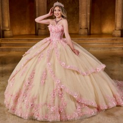 Sleeveless Champagne On Pink Quinceanera Dress Sweet 15 Gowns 3D Flowers Wear Pageant Sweetheart Neck 2024 Ball Gown Princess Dresses With Bow