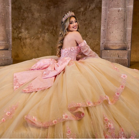 Sleeveless Champagne On Pink Quinceanera Dress Sweet 15 Gowns 3D Flowers Wear Pageant Sweetheart Neck 2024 Ball Gown Princess Dresses With Bow