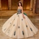 Sleeveless Champagne Quinceanera Dress Sweet 15 Gowns Lace Appliques Wear Pageant V Neck 2024 Ball Gown Princess Dresses With Bow