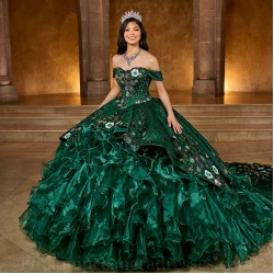 Ruffled Emerald Green Quince Dress Off Shoulder Instagram Gowns Wear Pageant Sweetheart Neck Vestidos De 15 Anos