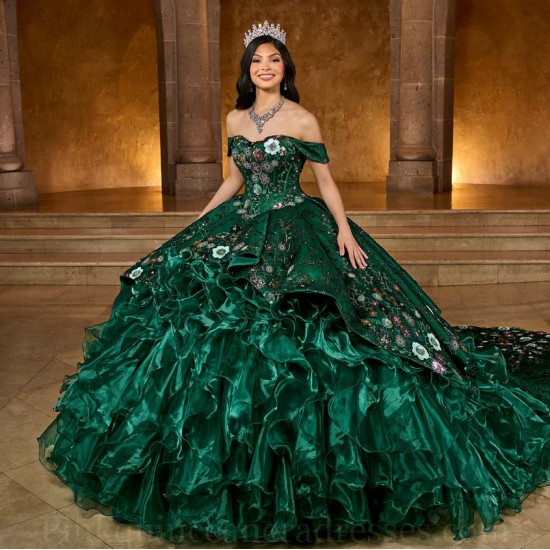 Ruffled Emerald Green Quince Dress Off Shoulder Instagram Gowns Wear Pageant Sweetheart Neck Vestidos De 15 Anos