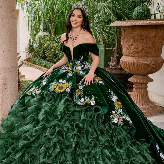 Sleeveless Emerald Green Ruffled Quinceanera Dress Sweet 15 Gowns Embroidered Wear Pageant V Neck 2024 Ball Gown Princess Dresses