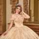 Gold Quinceanera Dress Off Shoulder Sweet 15 Gowns Wear Pageant Sweetheart Neck 2024 Ball Gown Princess Dresses With Bow