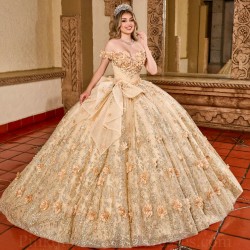 Gold Quinceanera Dress Off Shoulder Sweet 15 Gowns Wear Pageant Sweetheart Neck 2024 Ball Gown Princess Dresses With Bow