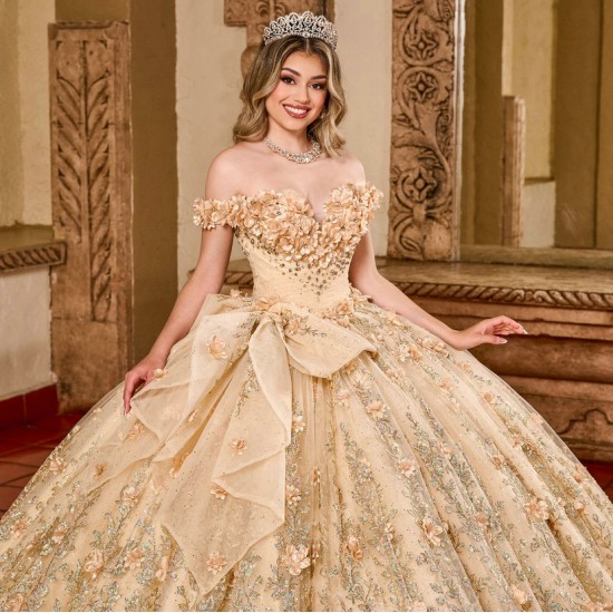 Gold Quinceanera Dress Off Shoulder Sweet 15 Gowns Wear Pageant Sweetheart Neck 2024 Ball Gown Princess Dresses With Bow