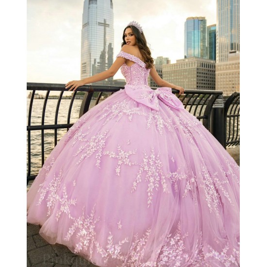 V Neck Lilac Quince Dress Off Shoulder Instagram Gowns Lace Appliques Wear Pageant Vestidos De 15 Anos With Bow