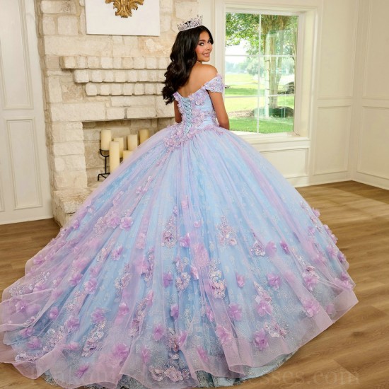 V Neck Lilac Quinceanera Dress Off Shoulder Sweet 15 Gowns 3D Flowers Wear Pageant 2024 Ball Gown Princess Dresses