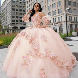 Detachable Pink Quinceanera Dress Sweet 15 Gowns Lace Appliques Wear Pageant V Neck 2024 Ball Gown Princess Dresses With Bow