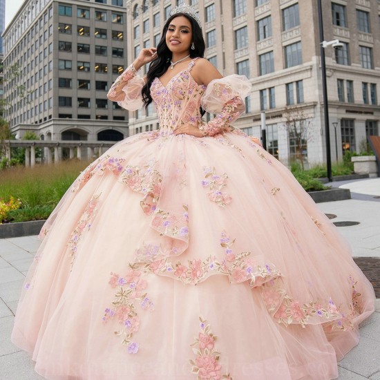 Detachable Pink Quinceanera Dress Sweet 15 Gowns Lace Appliques Wear Pageant V Neck 2024 Ball Gown Princess Dresses With Bow