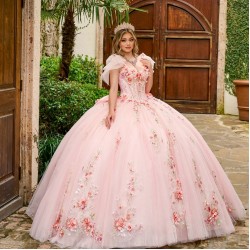 Off Shoulder Pink Quinceanera Dress Sweet 15 Gowns 3D Flowers Wear Pageant Sweetheart Neck 2024 Ball Gown Princess Dresses With Bow