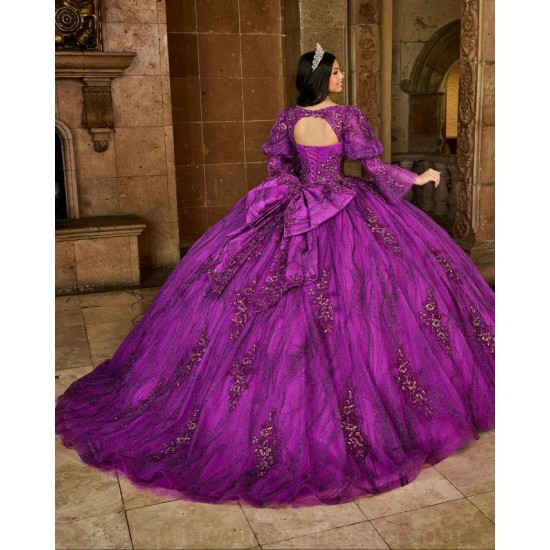 Long Sleeve Purple Quince Dress Instagram Gowns Lace Appliques Wear Pageant V Neck Vestidos De 15 Anos With Bow