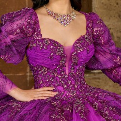 Long Sleeve Purple Quince Dress Instagram Gowns Lace Appliques Wear Pageant V Neck Vestidos De 15 Anos With Bow