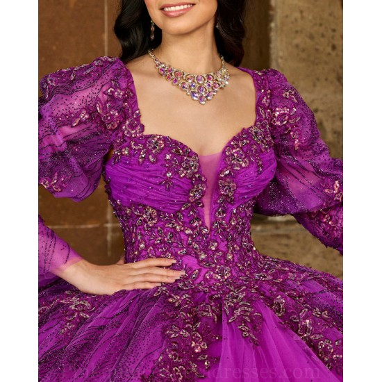 Long Sleeve Purple Quince Dress Instagram Gowns Lace Appliques Wear Pageant V Neck Vestidos De 15 Anos With Bow