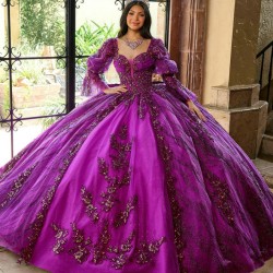 Long Sleeve Purple Quince Dress Instagram Gowns Lace Appliques Wear Pageant V Neck Vestidos De 15 Anos With Bow