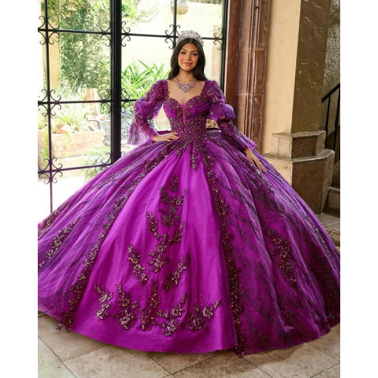 Long Sleeve Purple Quince Dress Instagram Gowns Lace Appliques Wear Pageant V Neck Vestidos De 15 Anos With Bow