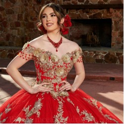 Off Shoulder Instagram Gowns Red Quince Dress Lace Appliques Wear Pageant V Neck Vestidos De 15 Anos With 3D Flowers