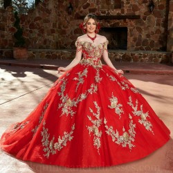 Off Shoulder Instagram Gowns Red Quince Dress Lace Appliques Wear Pageant V Neck Vestidos De 15 Anos With 3D Flowers