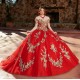 Off Shoulder Instagram Gowns Red Quince Dress Lace Appliques Wear Pageant V Neck Vestidos De 15 Anos With 3D Flowers