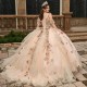 Sweetheart Neck Rose Gold Quinceanera Dress Off Shoulder Sweet 15 Gowns Lace Appliques Wear Pageant 2024 Ball Gown Princess Dresses With 3D Flowers