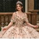 Sweetheart Neck Rose Gold Quinceanera Dress Off Shoulder Sweet 15 Gowns Lace Appliques Wear Pageant 2024 Ball Gown Princess Dresses With 3D Flowers