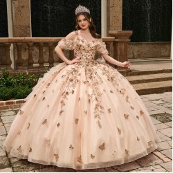 Sweetheart Neck Rose Gold Quinceanera Dress Off Shoulder Sweet 15 Gowns Lace Appliques Wear Pageant 2024 Ball Gown Princess Dresses With 3D Flowers