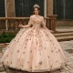 Sweetheart Neck Rose Gold Quinceanera Dress Off Shoulder Sweet 15 Gowns Lace Appliques Wear Pageant 2024 Ball Gown Princess Dresses With 3D Flowers