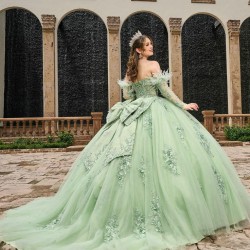 Detachable Sage Green Quince Dress Lace Appliques Wear Pageant Instagram Gowns Sweetheart Neck Vestidos De 15 Anos With Bow