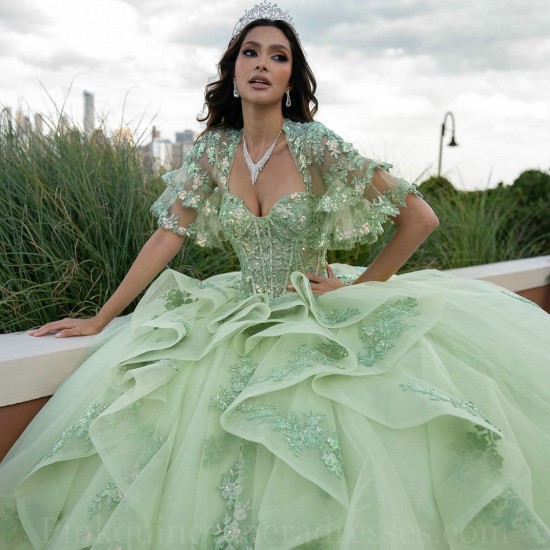 Ruffled Sage Green Quince Dress Instagram Gowns Lace Appliques Wear Pageant Sweetheart Neck Vestidos De 15 Anos